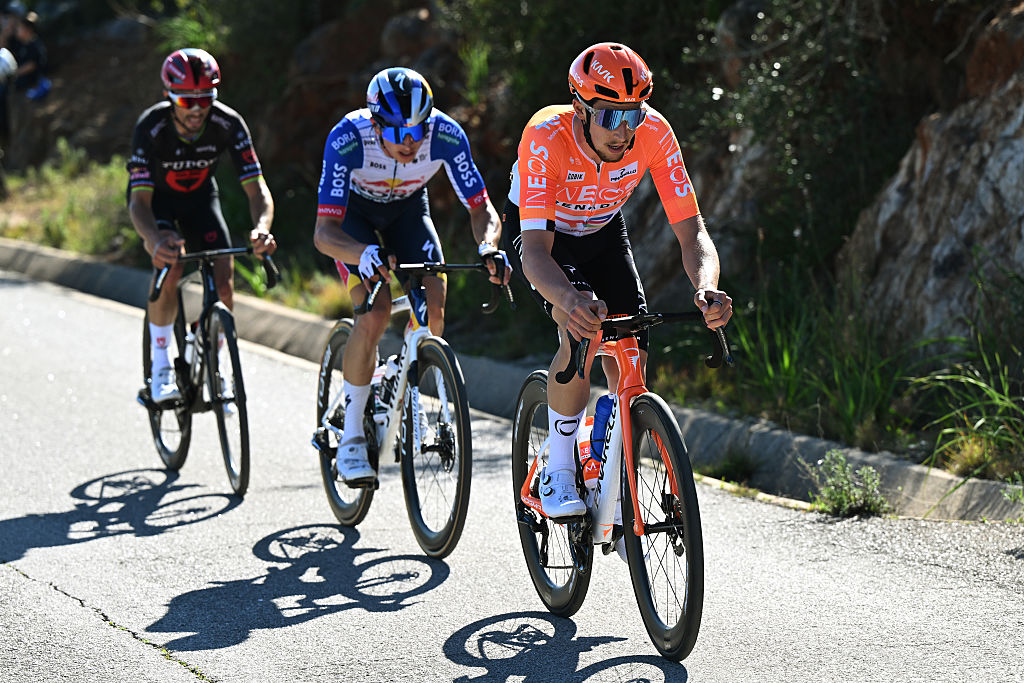 LOULE, PORTUGAL - FEBRUARY 22: (L-R) Julian Alaphilippe of France and Team Tudor Pro Cycling, Florian Lipowitz of Germany and Team Red Bull - BORA - hansgrohe and Kevin Vauquelin of France and Team INEOS Grenadiers compete in the breakaway during the 52nd Volta ao Algarve em Bicicleta 2026, Stage 5 a 148.4km stage from Faro to Malhao - Loule 512m on February 22, 2026 in Loule, Portugal. (Photo by Dario Belingheri/Getty Images)