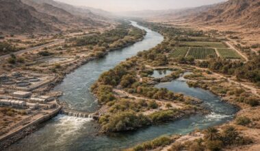 A 100 km artificial river in Saudi Arabia uses treated sewage to maintain flow in Riyadh and stimulate new ecosystems in the Saudi desert. (Image: Illustrative/Ideogram)