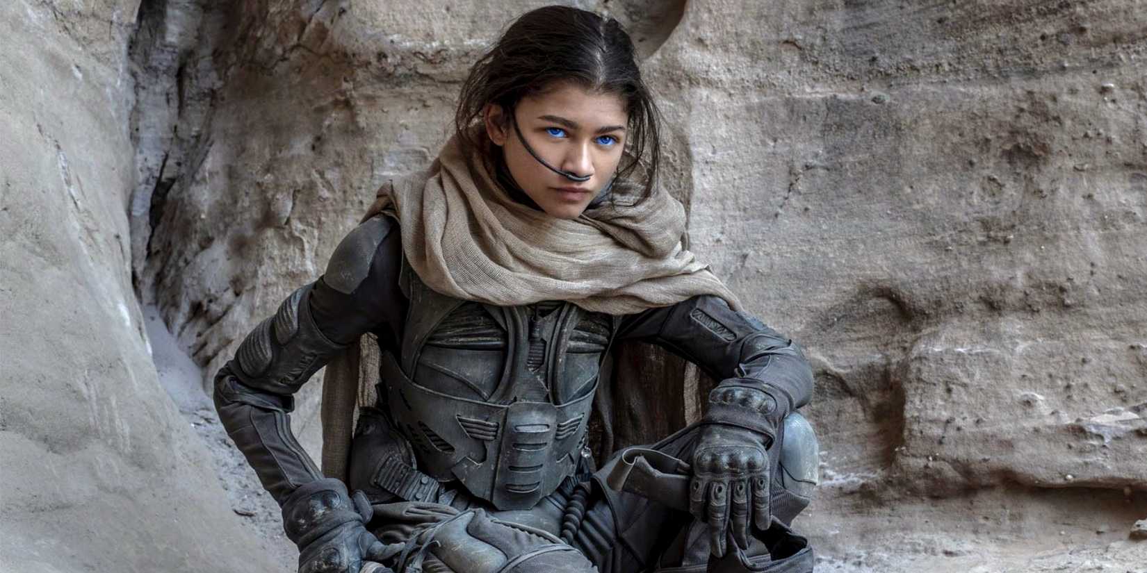 Chani (Zendaya) kneels down in the desert looking at something off-screen in Dune: Part 2.