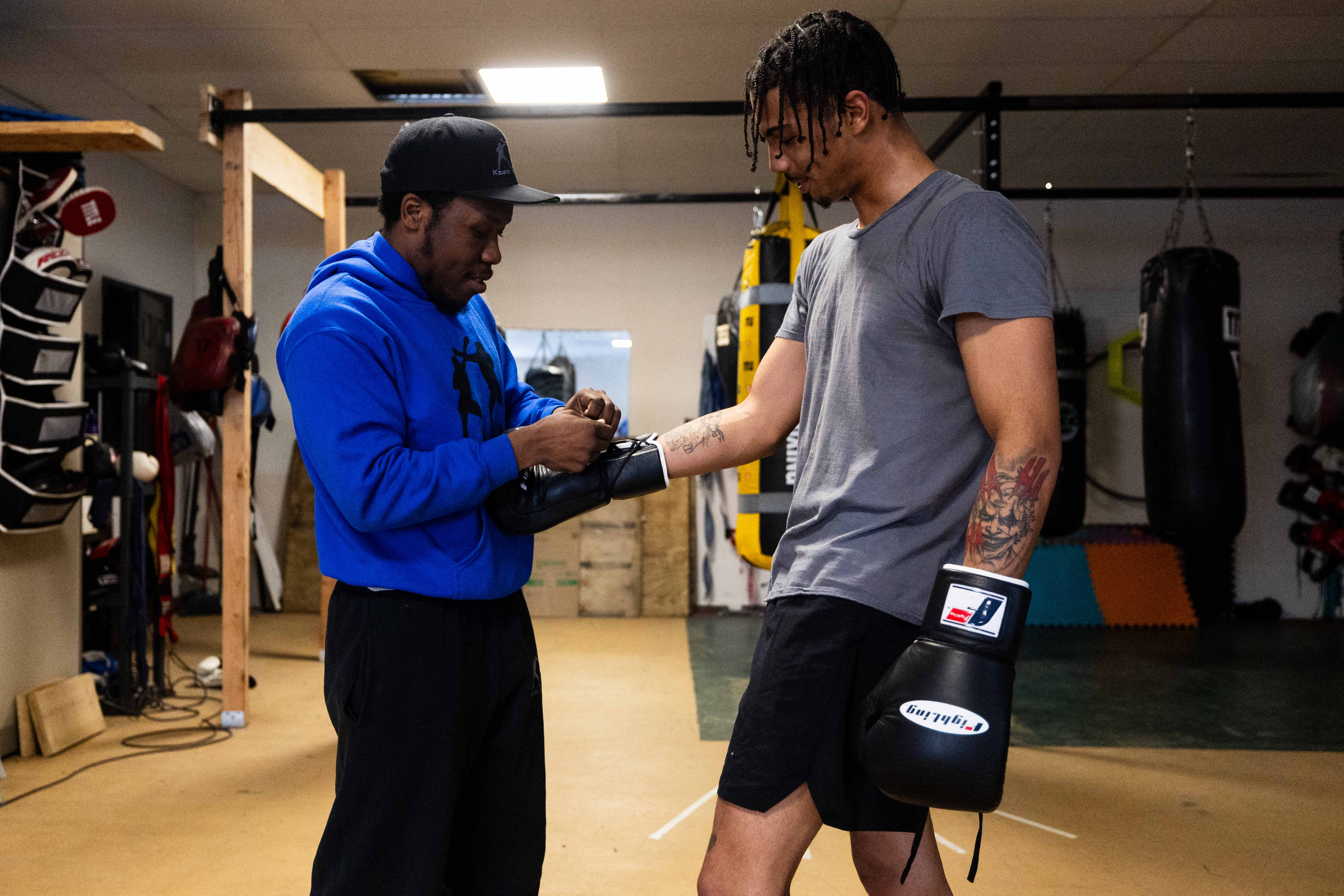 Jermont Reece, 29, trains Evan Jackson, 19, of Kalamazoo,for the USA Boxing International Open at Kzoo Boxing on Tuesday, Feb. 3, 2026. , The Open, which is expected to draw elite amateur talent and emerging future stars to Colorado, is Jackson’s biggest challenge yet.