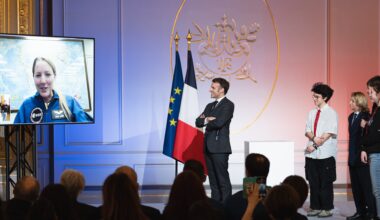 ESA astronaut Sophie Adenot speaking with French President Emmanuel Macron