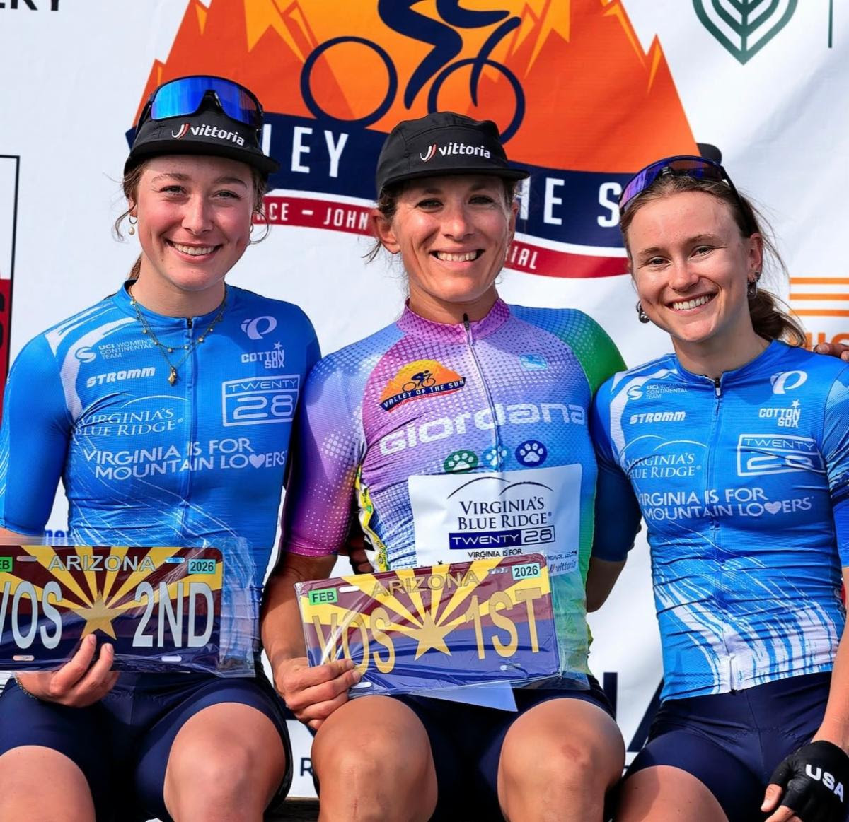 Virginia's Blue Ridge TWENTY28 riders after 2026 Valley of the Sun (L to R): Ella Sabo second on GC, Marjorie Rinaldo first on GC and MVP Emmi Gilbert