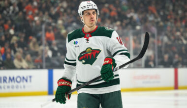 Wild's Joel Eriksson Ek exits game vs. Mammoth after taking high stick