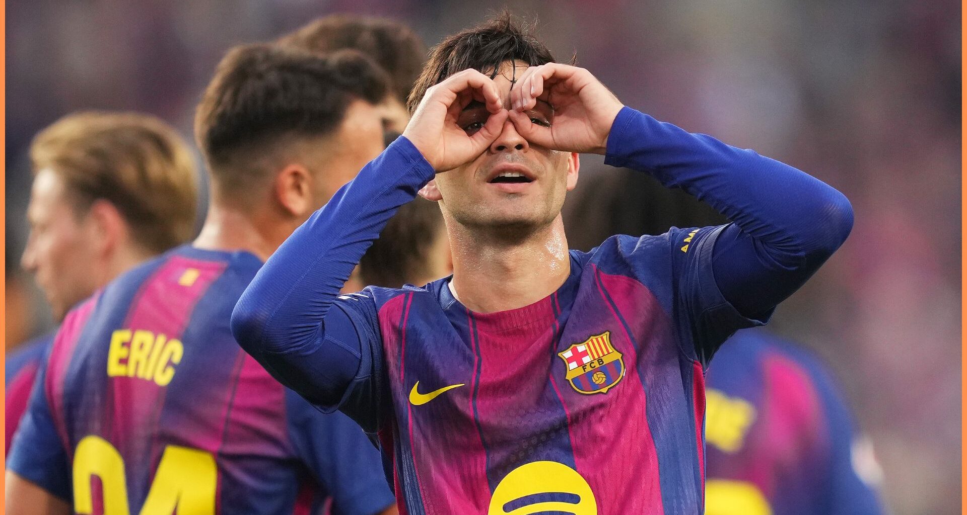 BARCELONA, SPAIN - OCTOBER 18: Pedri of FC Barcelona celebrates scoring his team