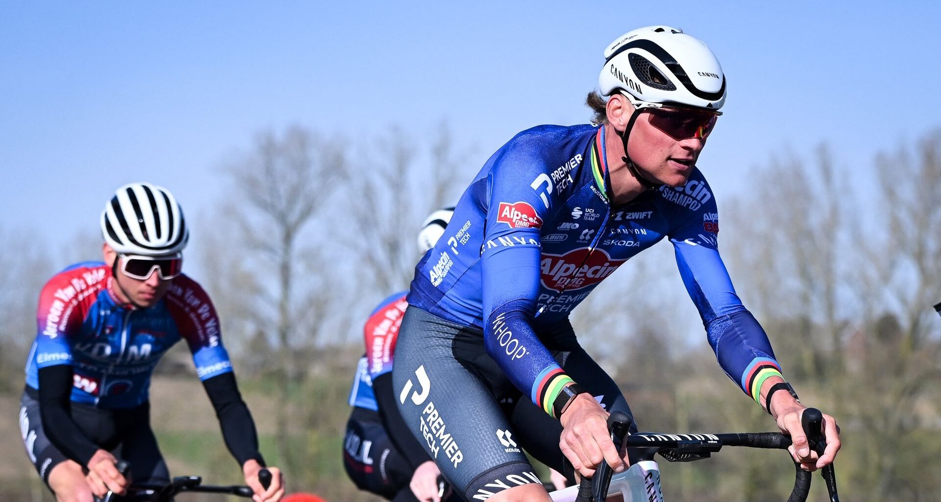 Dutch rider Mathieu van der Poel takes part in a warm up ahead of the 2026 Omloop Nieuwsblad.
