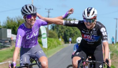 New Zealand road race title winner Ally Wollaston (FDJ United-SUEZ) is congratulated by time trial winner Ella Wyllie (Liv-AlUla-Jayco)
