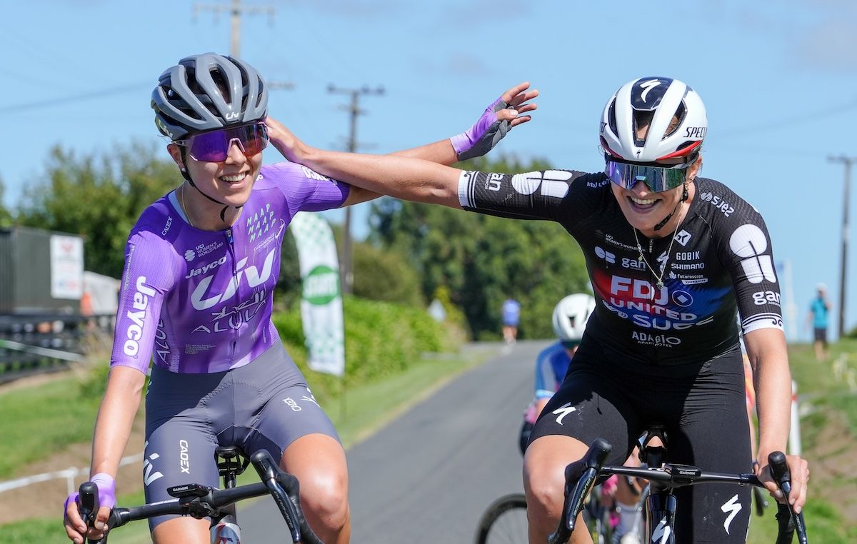 New Zealand road race title winner Ally Wollaston (FDJ United-SUEZ) is congratulated by time trial winner Ella Wyllie (Liv-AlUla-Jayco)