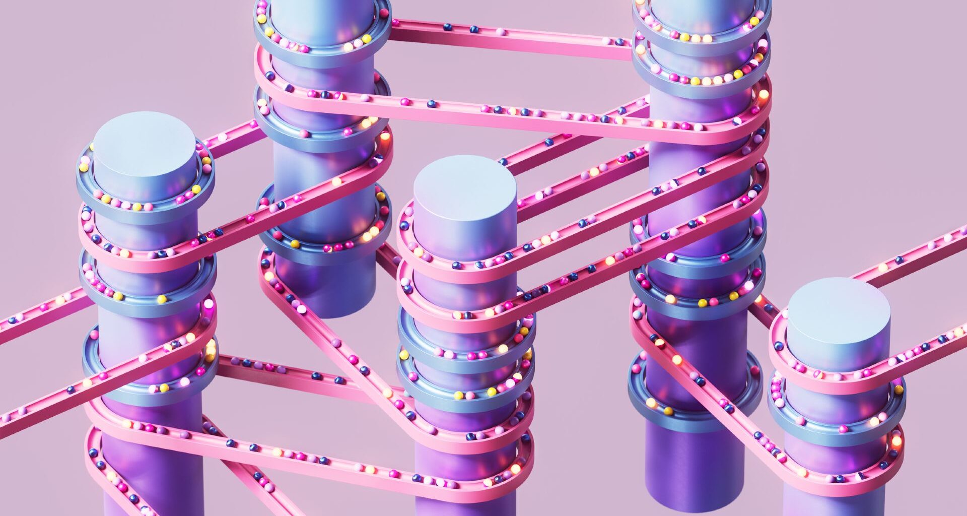 A series of purple vertical cylinders wrapped with pink and blue bands with various colored balls moving across them
