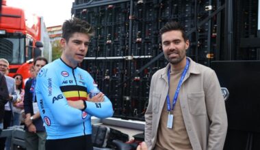 Belgian Wout van Aert and Dutch former cyclist Tom Dumoulin pictured after the elite men individual time trial at the UEC Road European Championships, a 29,5km track in Emmen, The Netherlands, Wednesday 20 September 2023. The European cycling championships takes place from 20 to 24 september.
