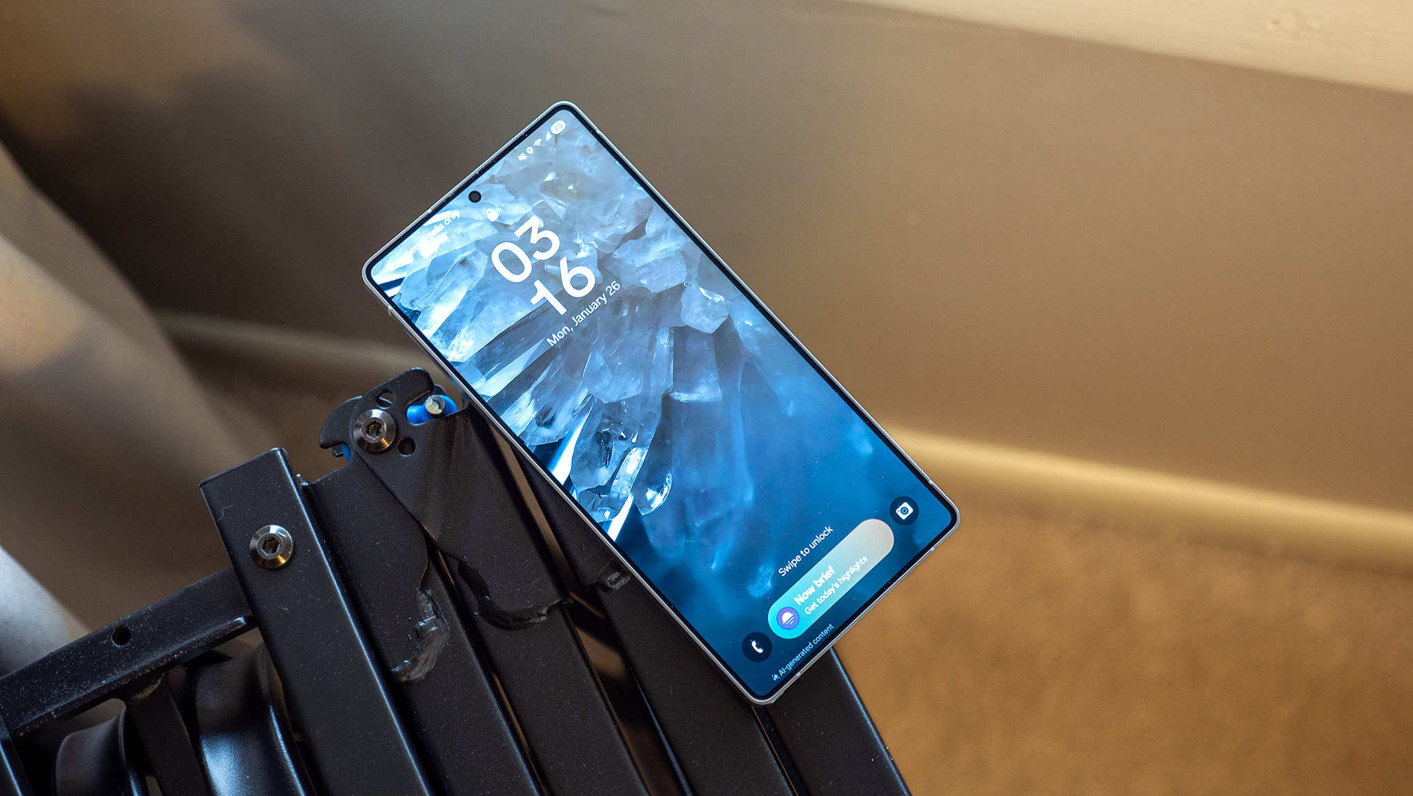 A Samsung Galaxy S25 Ultra's lock screen with ice wallpaper