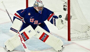 Jeremy Swayman made 18 saves out of the 21 shots he faced in his Olympic debut in a 6-3 victory over Denmark on Saturday in Milan.
