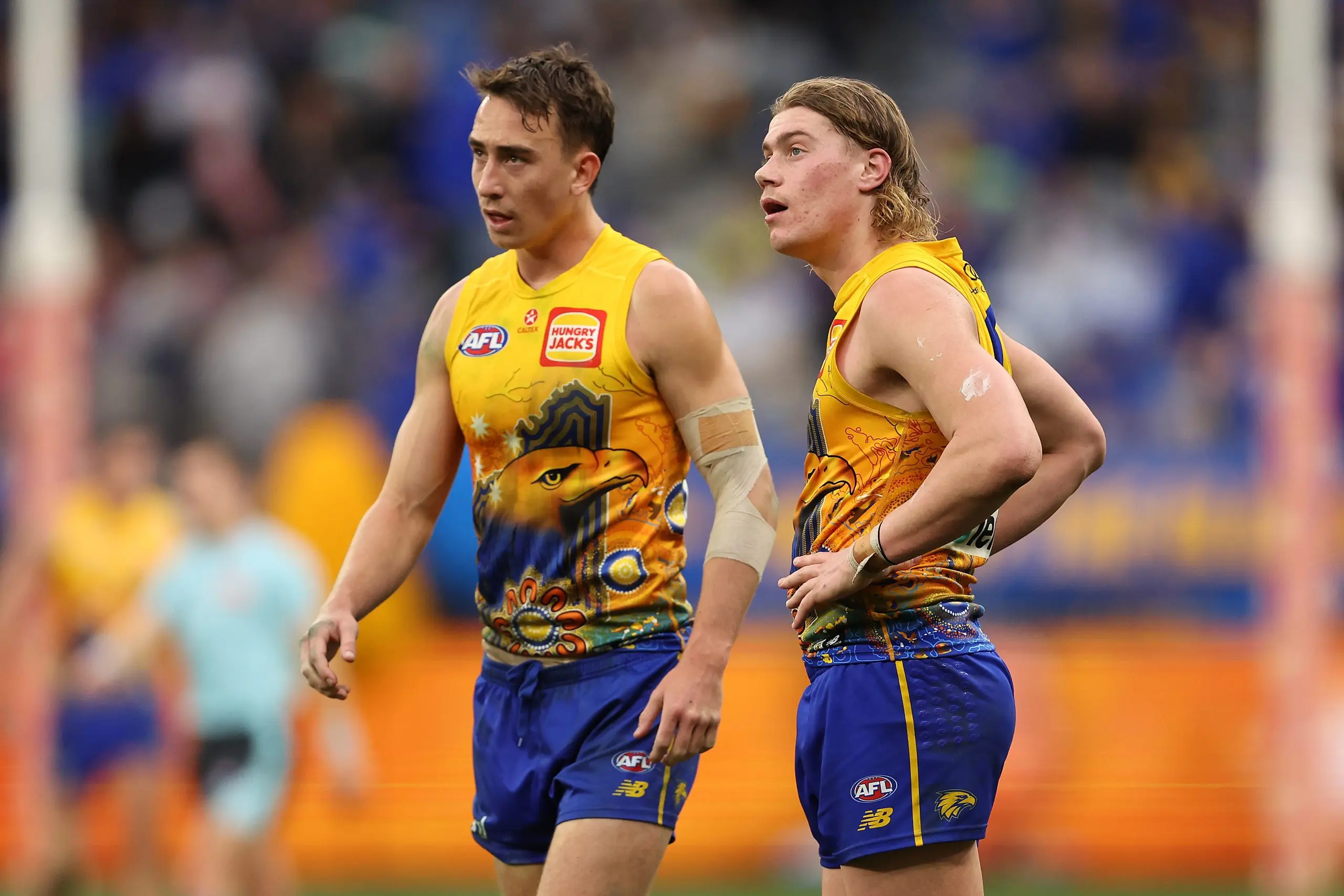PERTH, AUSTRALIA - JULY 14: Brady Hough and Harley Reid of the Eagles look on during the round 18 AFL match between West Coast Eagles and Brisbane Lions at Optus Stadium, on July 14, 2024, in Perth, Australia. (Photo by Paul Kane/Getty Images)