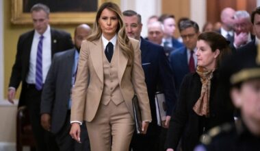 US First Lady Melania Trump walks to a meeting to urge passage of the Take It Down Act by the US Senate which protects victims of real and deepfake “revenge pornography” by criminalizing their publication.