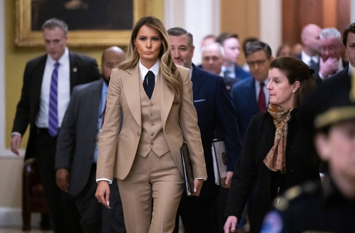 US First Lady Melania Trump walks to a meeting to urge passage of the Take It Down Act by the US Senate which protects victims of real and deepfake “revenge pornography” by criminalizing their publication.