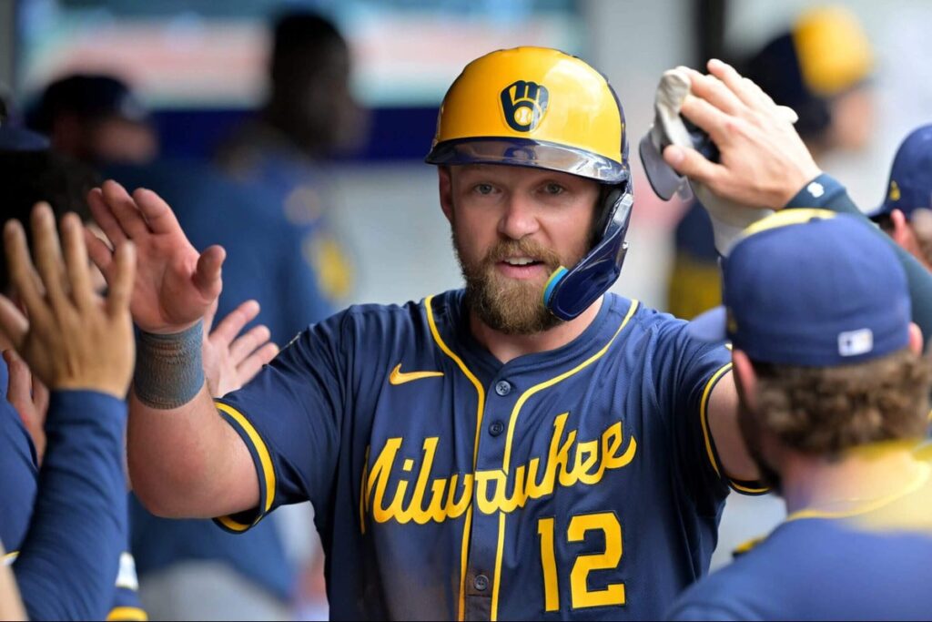 Rhys Hoskins celebrates after hitting a home run.