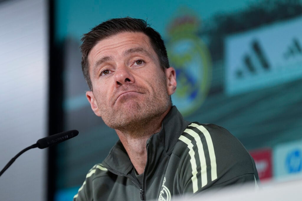Xabi Alonso speaks to the press at a Real Madrid training day