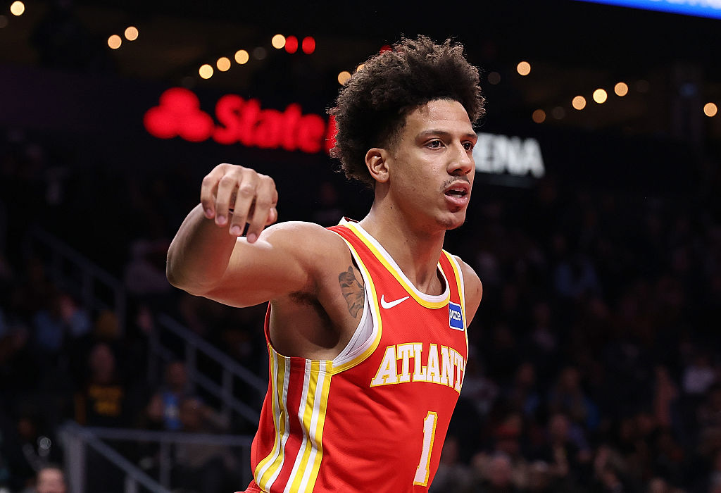 ATLANTA, GEORGIA - DECEMBER 05: Jalen Johnson #1 of the Atlanta Hawks reacts after dunking against Jamal Murray #27 of the Denver Nuggets during the second quarter at State Farm Arena on December 05, 2025 in Atlanta, Georgia. NOTE TO USER: User expressly acknowledges and agrees that, by downloading and or using this photograph, User is consenting to the terms and conditions of the Getty Images License Agreement. (Photo by Kevin C. Cox/Getty Images)
