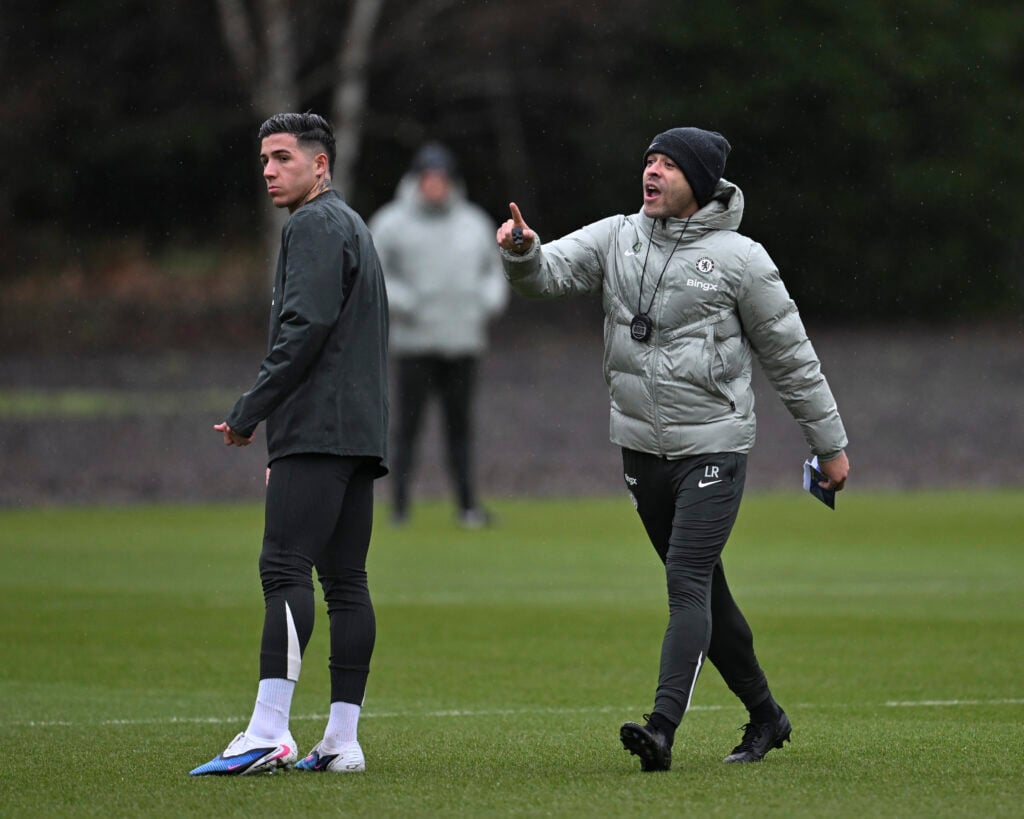 Enzo Fernandez and Liam Rosenior in Chelsea training