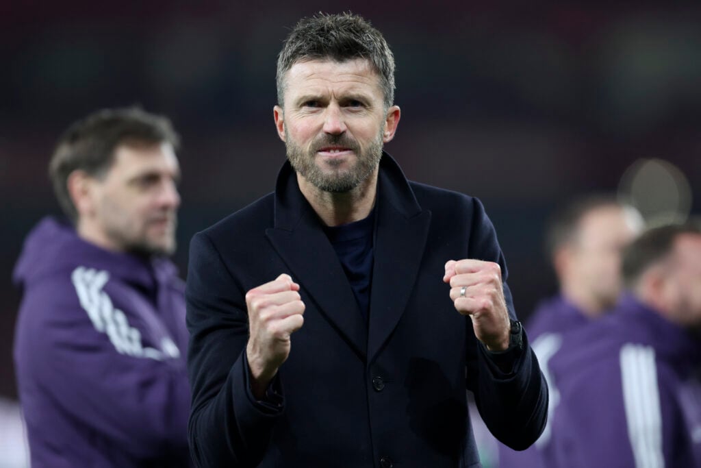 Michael Carrick celebrates after winning the Premier League match between Arsenal and Manchester United at the Emirates Stadium in 2026 in London, England.