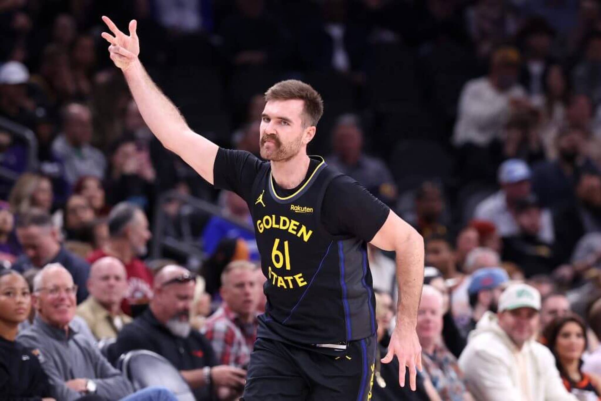 Pat Spencer of the Golden State Warriors reacts after hitting a 3-pointer against the Phoenix Suns during the first half at Mortgage Matchup Center on Feb. 05, 2026.