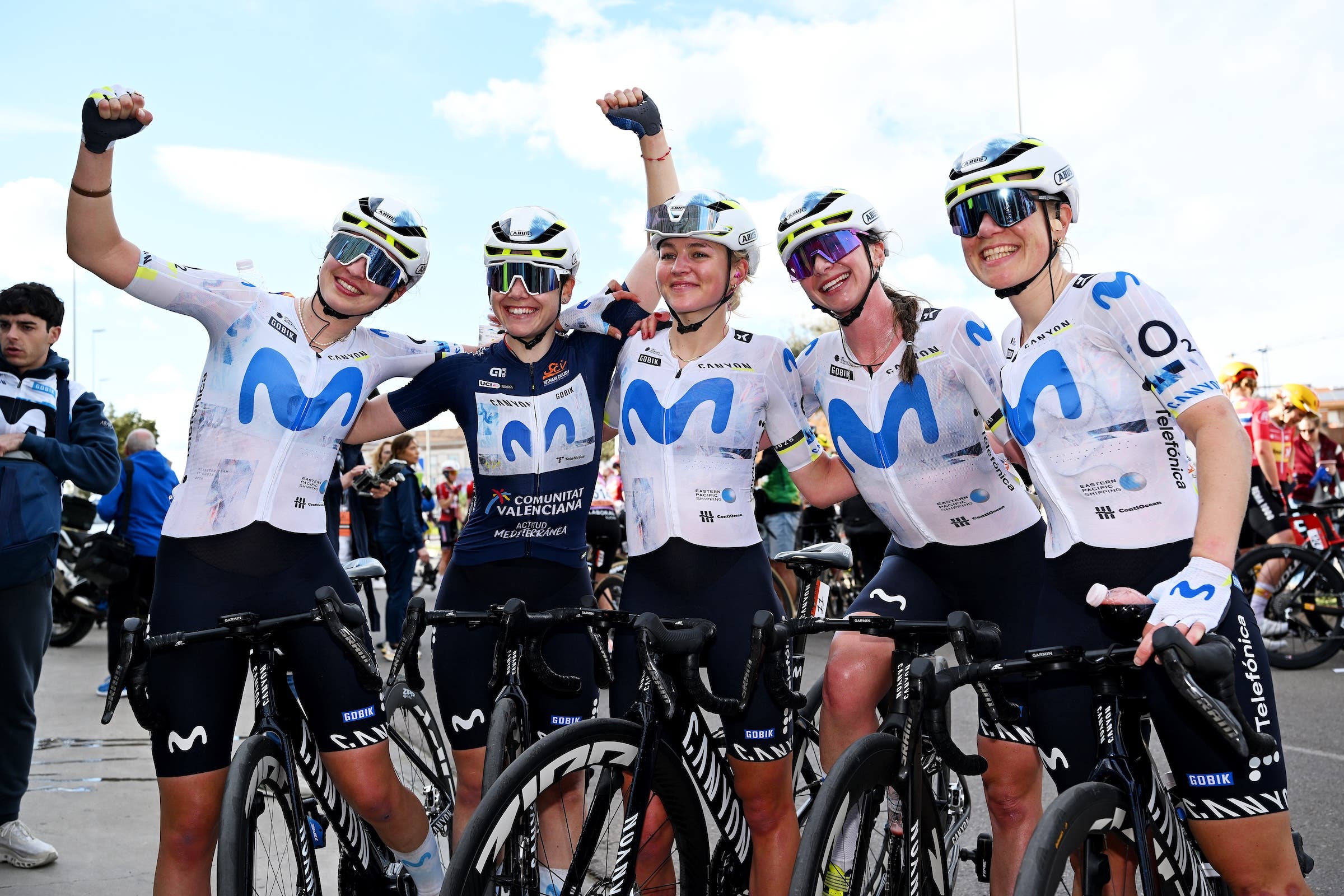 Stage winner Cat Ferguson celebrates with her Movistar teammates after stage 2 of the Setmana Ciclista - Volta Femenina de la Comunitat Valenciana 2026 on Friday (Photo: Szymon Gruchalski/Getty Images)