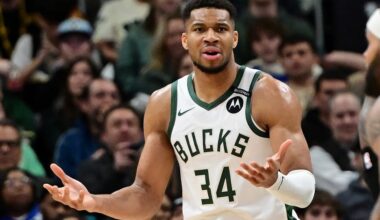 Milwaukee Bucks forward Giannis Antetokounmpo (34) reacts in the third quarter against the Los Angeles Lakers at Fiserv Forum.