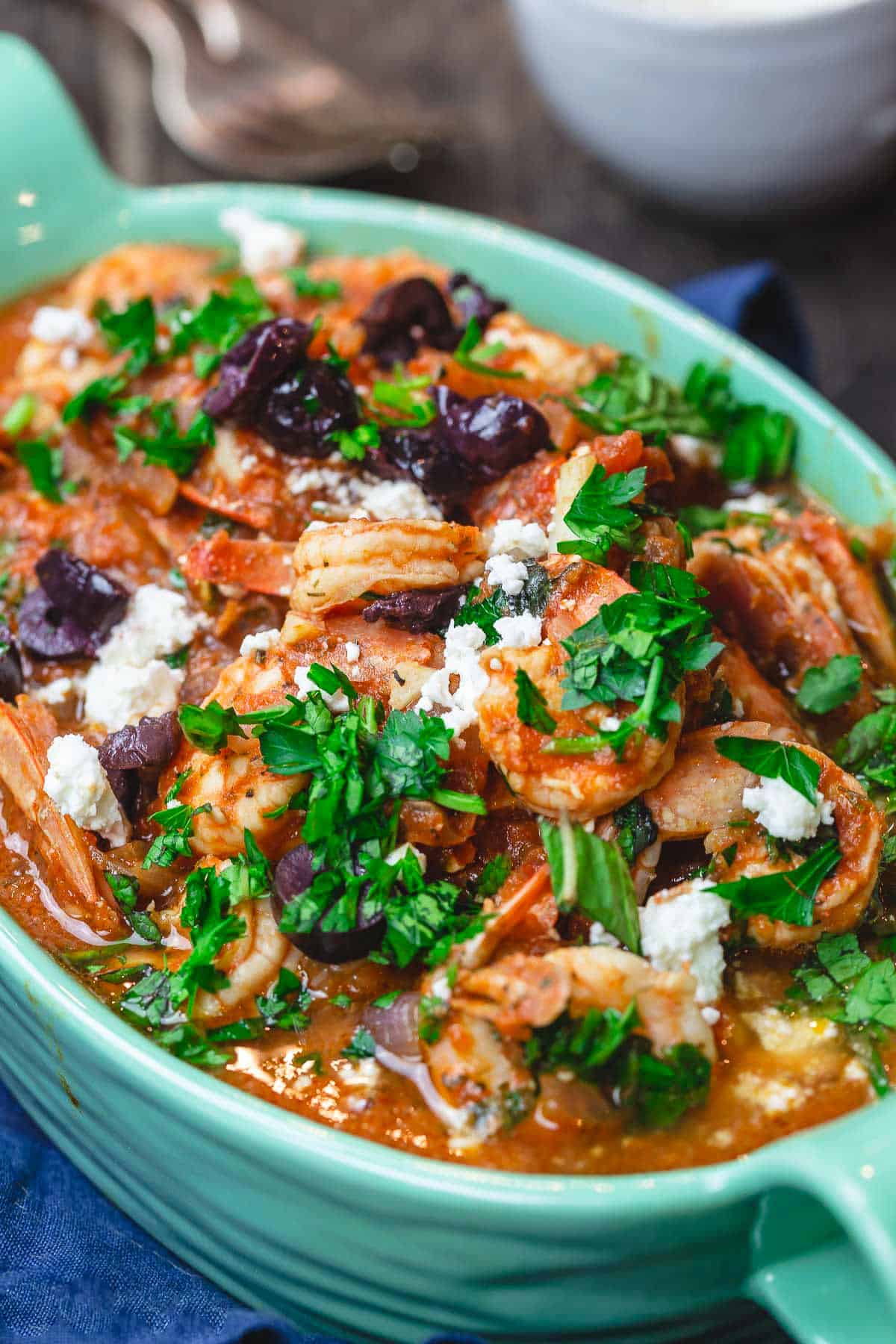 Greek shrimp in a serving bowl.