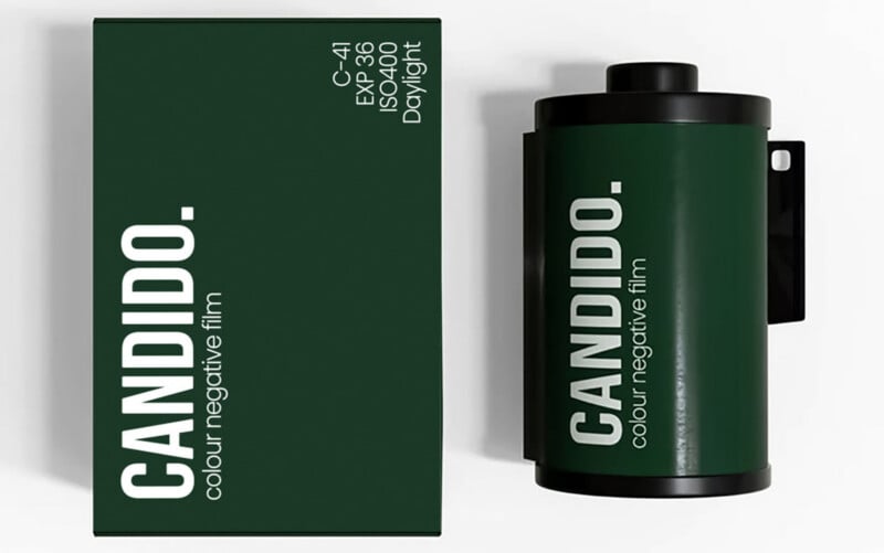 A green film canister labeled "CANDIDO. colour negative film" lies next to its matching box, which features the same branding and additional details such as "C-41," "EXP 36," "ISO 400," and "daylight" in white text.