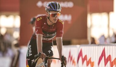 Red Bull-Bora-Hansgrohe's Belgian rider Remco Evenepoel crosses the finish line during the third stage of the UAE Tour cycling event from Umm al-Quwain to Jebel Mobrah in Ras al-Khaimah on February 18, 2026. (Photo by Fadel SENNA / AFP)