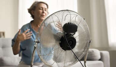 Close up electric ventilator with propeller cooling air blowing to senior older lady suffering from overheating, hypoxia, sitting on sofa with closed eyes, flying hair in blurred background