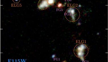 This JWST image shows the five interacting galaxies circled in dotted orange. The quintuplet was found interacting and colliding only 800 million years after the Big Bang. New research also showed that the collision was spreading heavy elements out into the surroundings. Image Credit: Hu et al. 2025 NatAstr