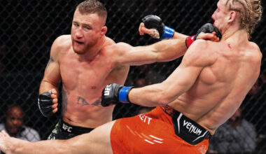 Justin Gaethje hits Paddy Pimblett at UFC 324