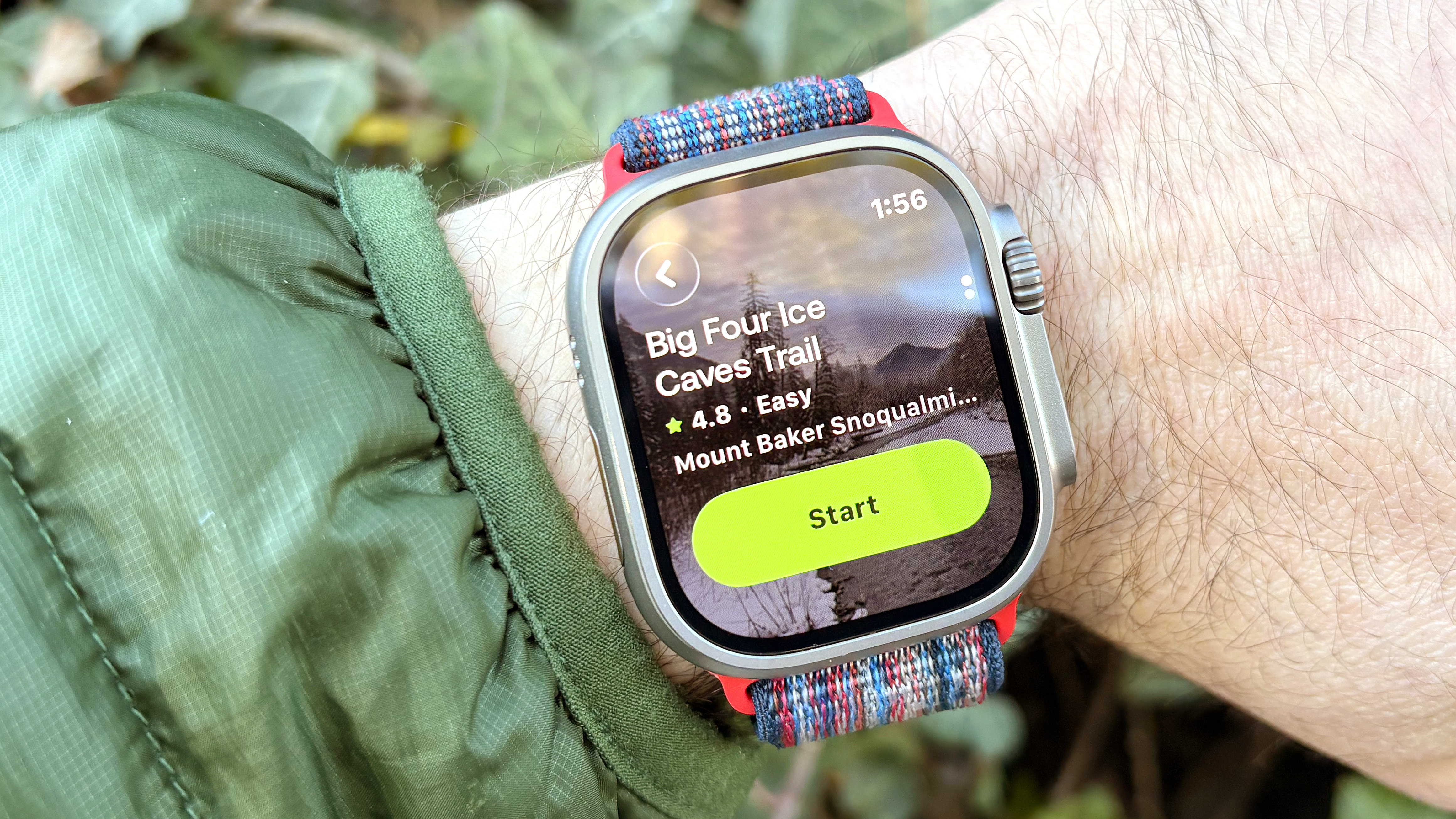 Close-up of the Apple Watch Ultra 3 showing the AllTrails hiking app