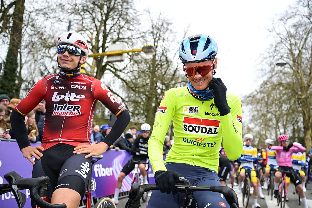 Belgian Arnaud De Lie of Lotto-Intermarche and Dutch Dylan Van Baarle of Soudal Quick-Step pictured at the start of the 81st edition of the men's one-day cycling race Omloop Het Nieuwsblad (UCI World Tour), the opening race of the Flemish one-day classics season, 207,6 km from Gent to Ninove, Saturday 28 February 2026. BELGA PHOTO DAVID PINTENS (Photo by DAVID PINTENS / BELGA MAG / Belga via AFP)