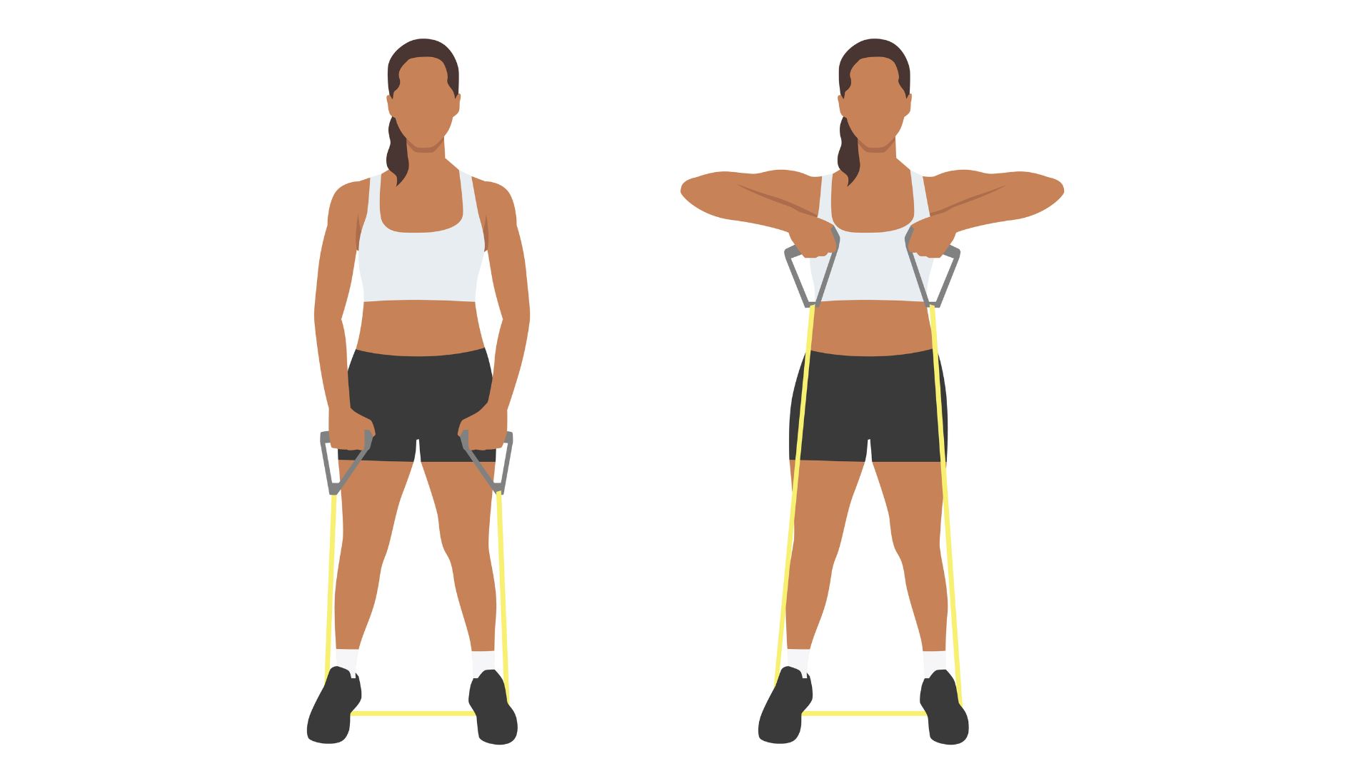 Illustration showing a woman doing a banded upright row with arms down and then raised.