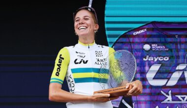 GEELONG, AUSTRALIA - JANUARY 31: Mackenzie Coupland of Australia and Team Liv AlUla Jayco celebrates at podium as best Australian Rider during the 10th Mapei Cadel Evans Great Ocean Road Race 2026, Women's Elite a 141.2km one day race from Geelong to Geelong / #UCIWWT / on January 31, 2026 in Geelong, Australia. (Photo by Con Chronis/Getty Images)