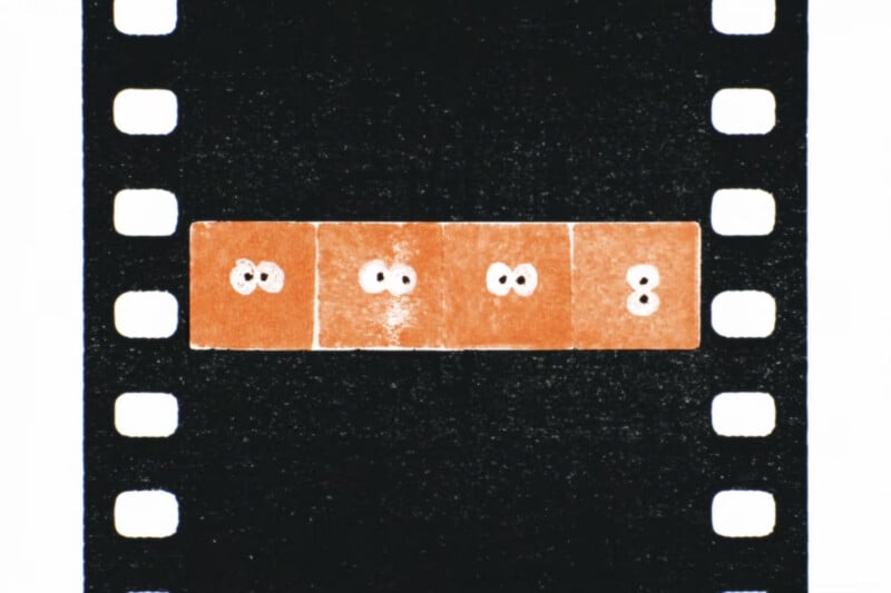 A strip of film with four orange frames, each displaying a white number 8 with small eyes inside the loops, set against a black background with white sprocket holes.