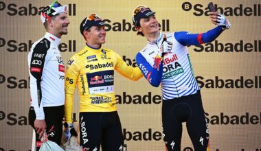 VALENCIA, SPAIN - FEBRUARY 08: (L-R) Joao Almeida of Portugal UAE Team Emirates - XRG on second place, race winner Remco Evenepoel of Belgium and Team Red Bull - BORA - hansgrohe and Giulio Pellizzari of Italy and Team Red Bull - BORA - hansgrohe on third place pose on the podium ceremony after the 77th Volta Comunitat Valenciana 2026, Stage 5 a 94.7km stage from Betera to Valencia on February 08, 2026 in Valencia, Spain. (Photo by Szymon Gruchalski/Getty Images)
