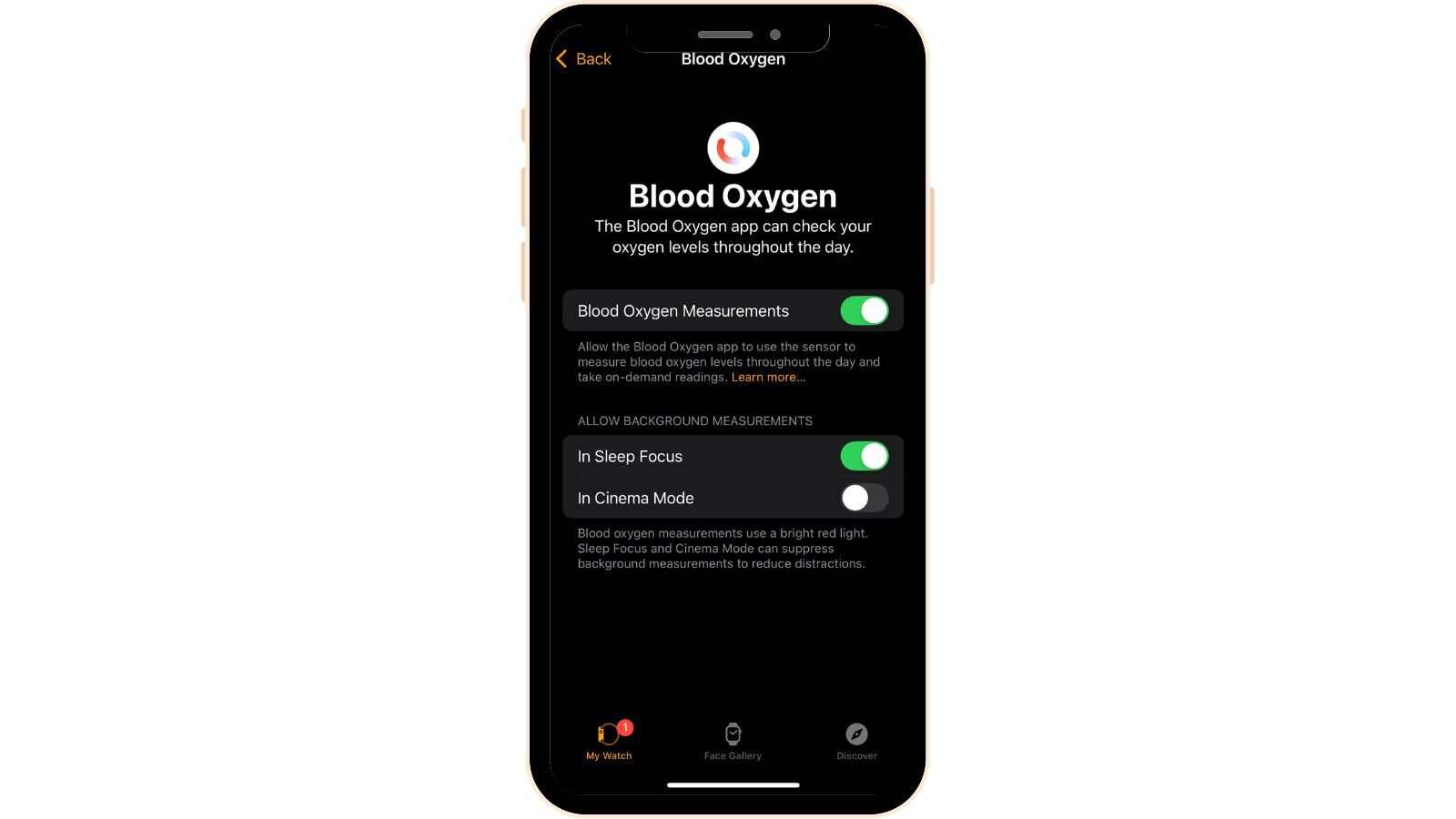 A look at an iPhone's screen displaying the Blood Oxygen monitoring of the Apple Watch sleep tracker.