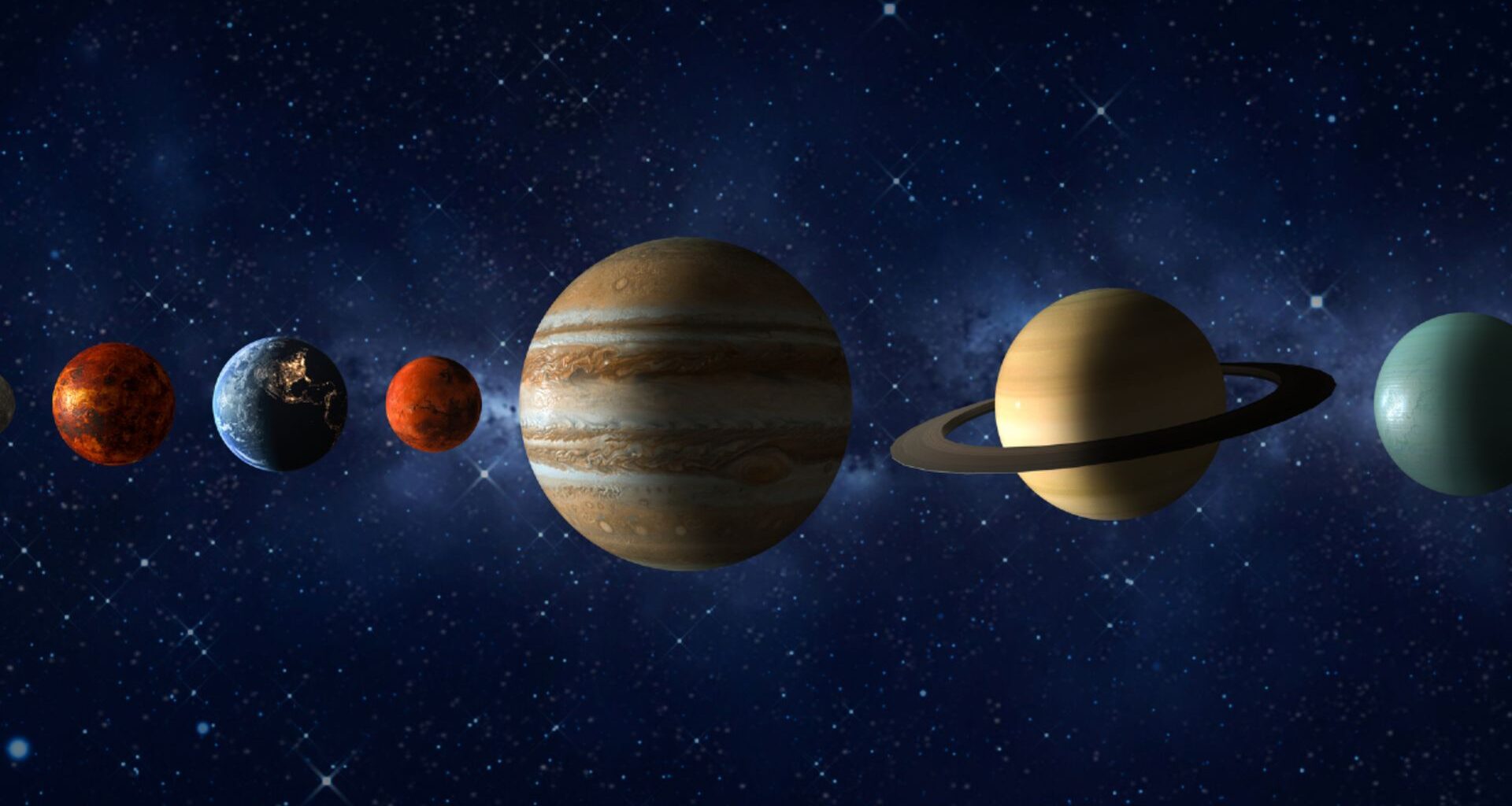 An illustration of the planets in our solar system lined up against a blue starry background, with Venus then Earth, Mars, Jupiter, Saturn and Uranus