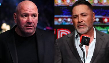 Dana White cageside at UFC 324, opposite Oscar De La Hoya at a press conference