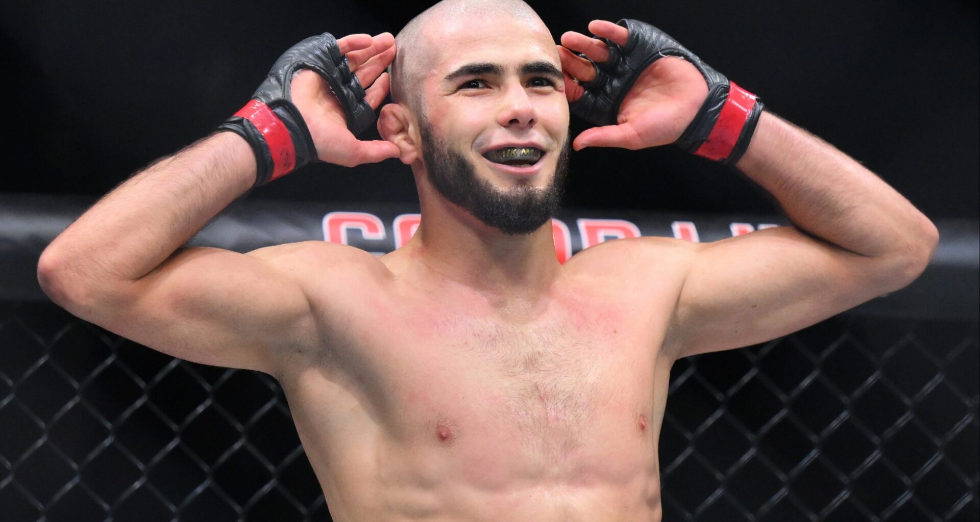 Muhammad Mokaev enters the Octagon for his fight at UFC 304