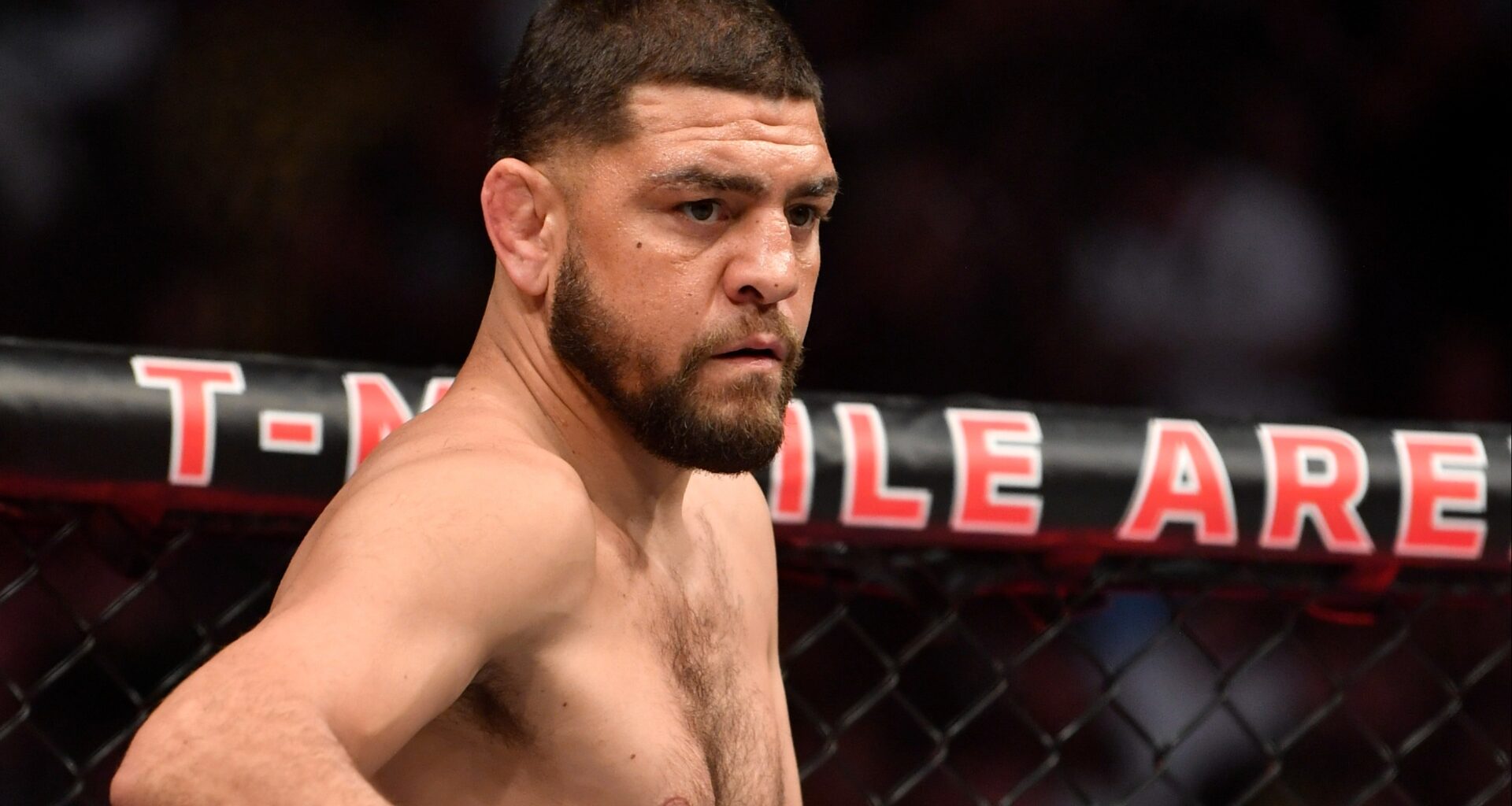 Nick Diaz enters the Octagon for his fight against Robbie Lawler at UFC 266