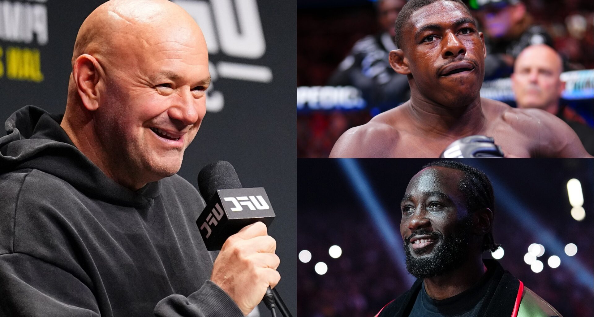 Dana White at a press conference, opposite Joaquin Buckley and Terence Crawford