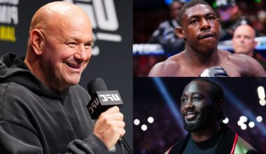 Dana White at a press conference, opposite Joaquin Buckley and Terence Crawford