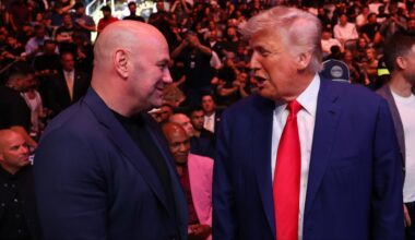 Dana White and Donald Trump speaking cageside at UFC 316