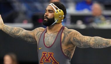Gable Steveson celebrates a win at the NCAA Championships
