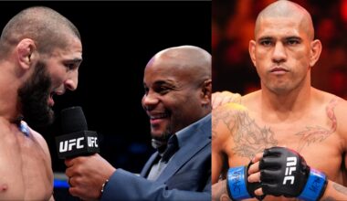 Khamzat Chimaev being interviewed by Daniel Cormier, opposite Alex Pereira