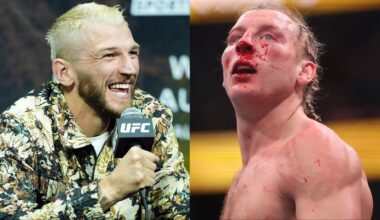 Dan Hooker speaks at a press conference, opposite Paddy Pimblett after UFC 324