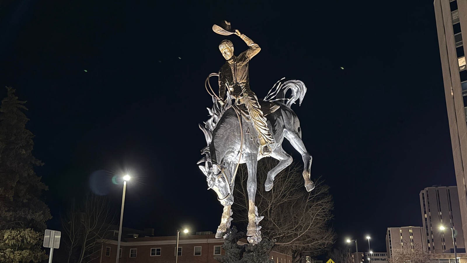 “A Deep Seat and a Long Rein" by bronze artist Chris Navarro is the newest tribute to the Cowboy State at the University of Wyoming. It's a larger-than-life sculpture of the iconic rodeo bronc Steamboat that's adorned Wyoming's license plates since 1936.
